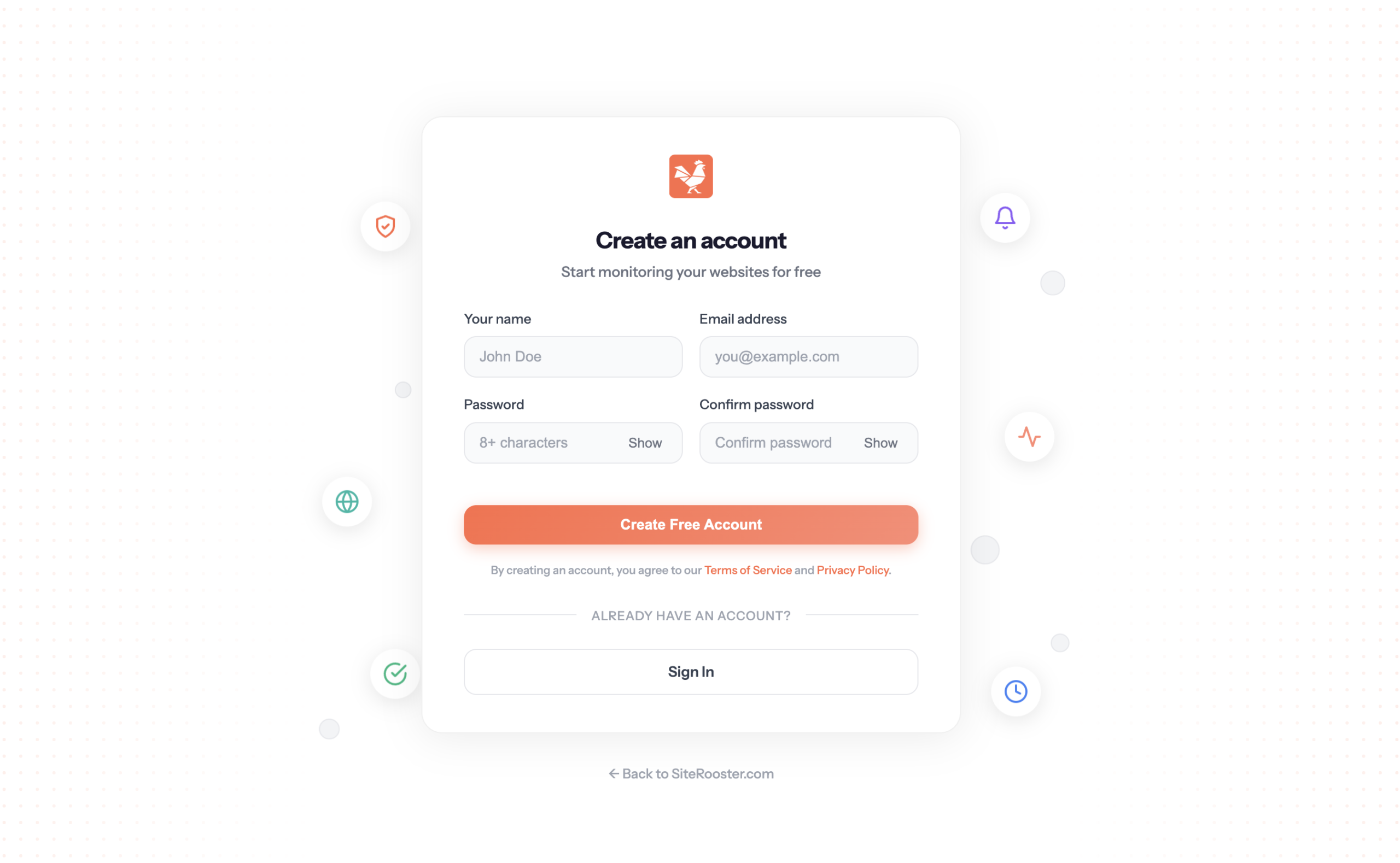 SiteRooster registration page