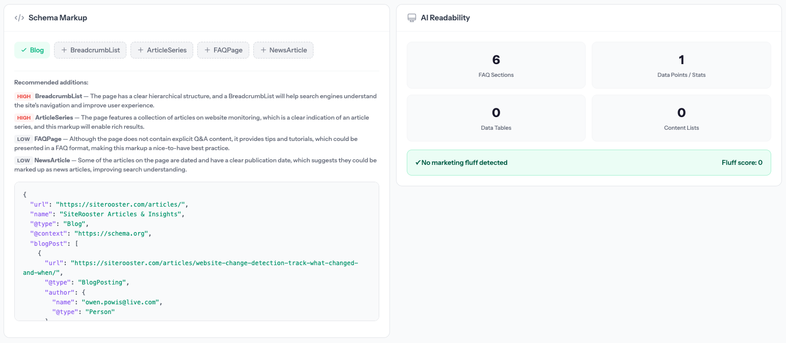 Schema markup detection with AI-powered recommendations and AI readability scoring with fluff detection