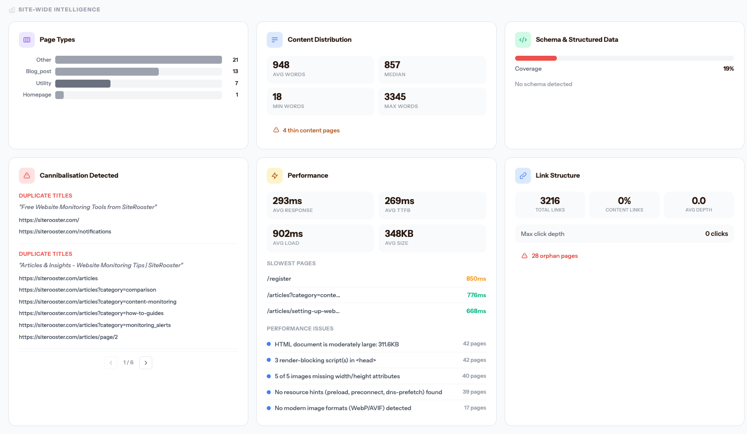 Site-wide intelligence showing page types, content distribution, cannibalisation detection, performance metrics and link structure
