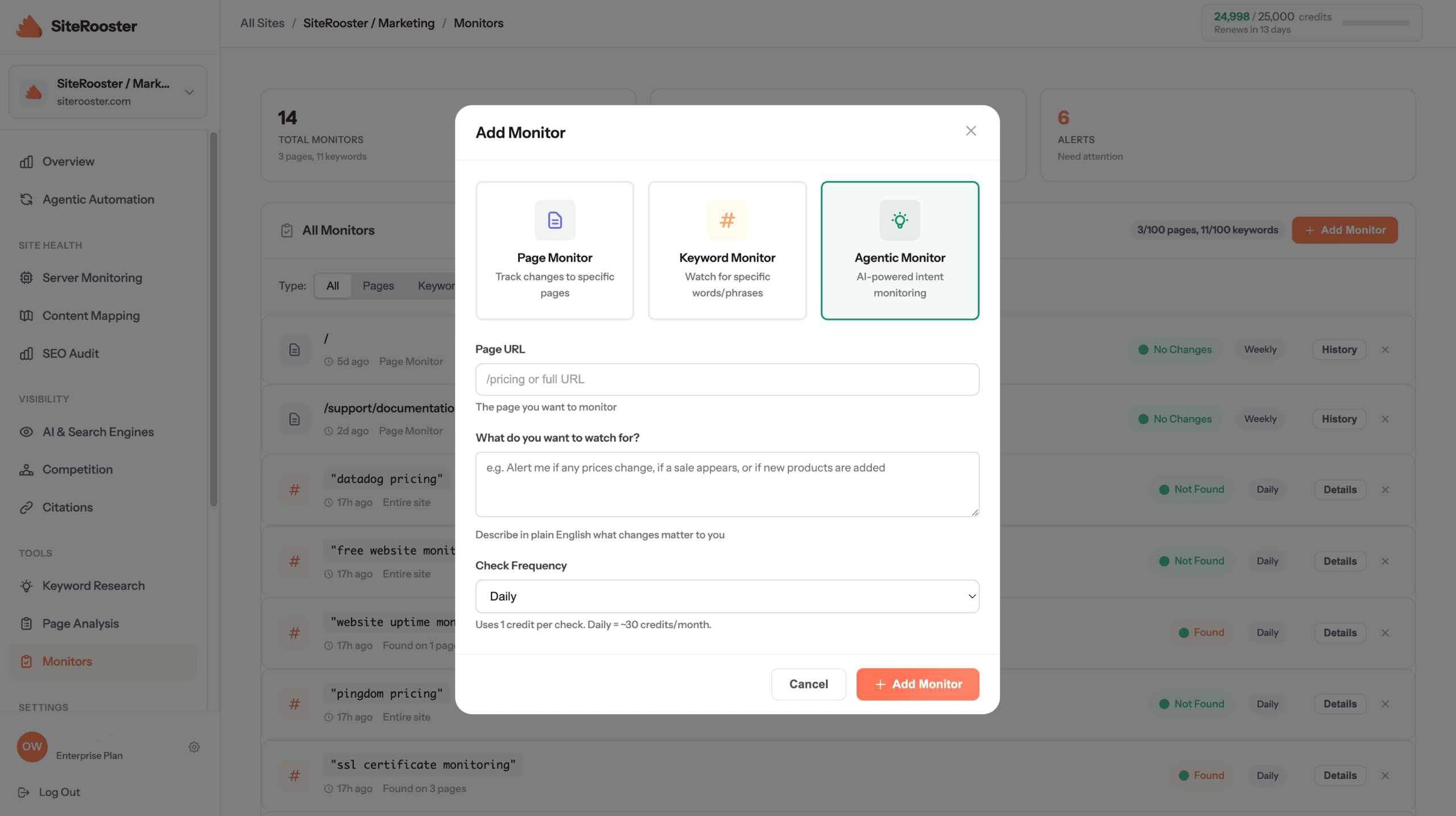 Content monitoring dashboard: keyword and page monitors